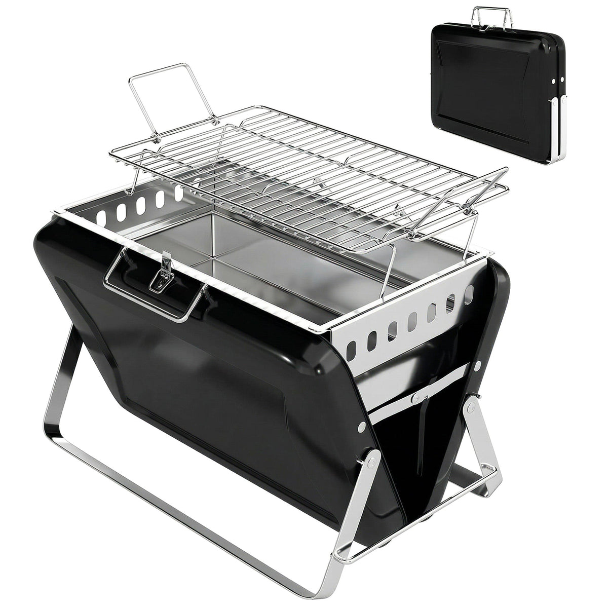 Folding Portable Charcoal BBQ Grill with Handle and Foldable Legs, Black — product view 2