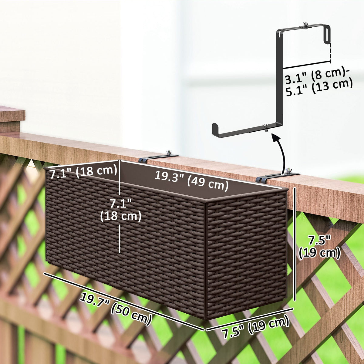 2 Pack 20" Railing Planter Boxes with Hooks and Drainage, Brown — product view 5