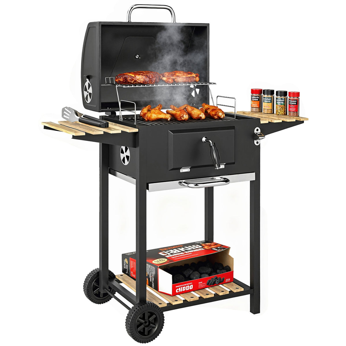 Charcoal BBQ Grill with Adjustable Charcoal Pan, 3 Shelves & Wheels — product view 1