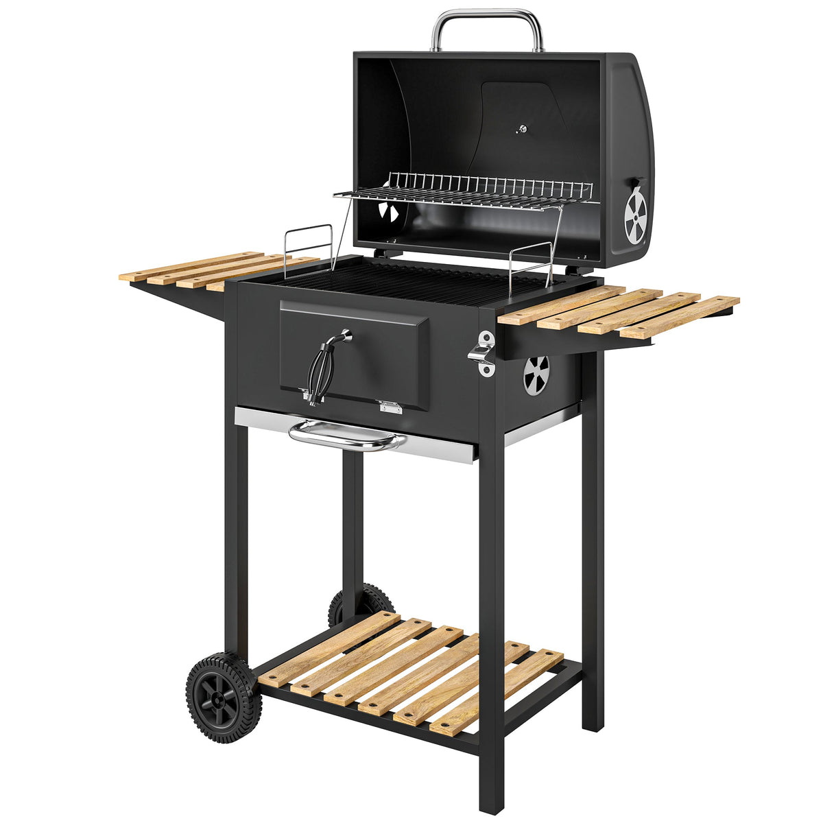 Charcoal BBQ Grill with Adjustable Charcoal Pan, 3 Shelves & Wheels — product view 2