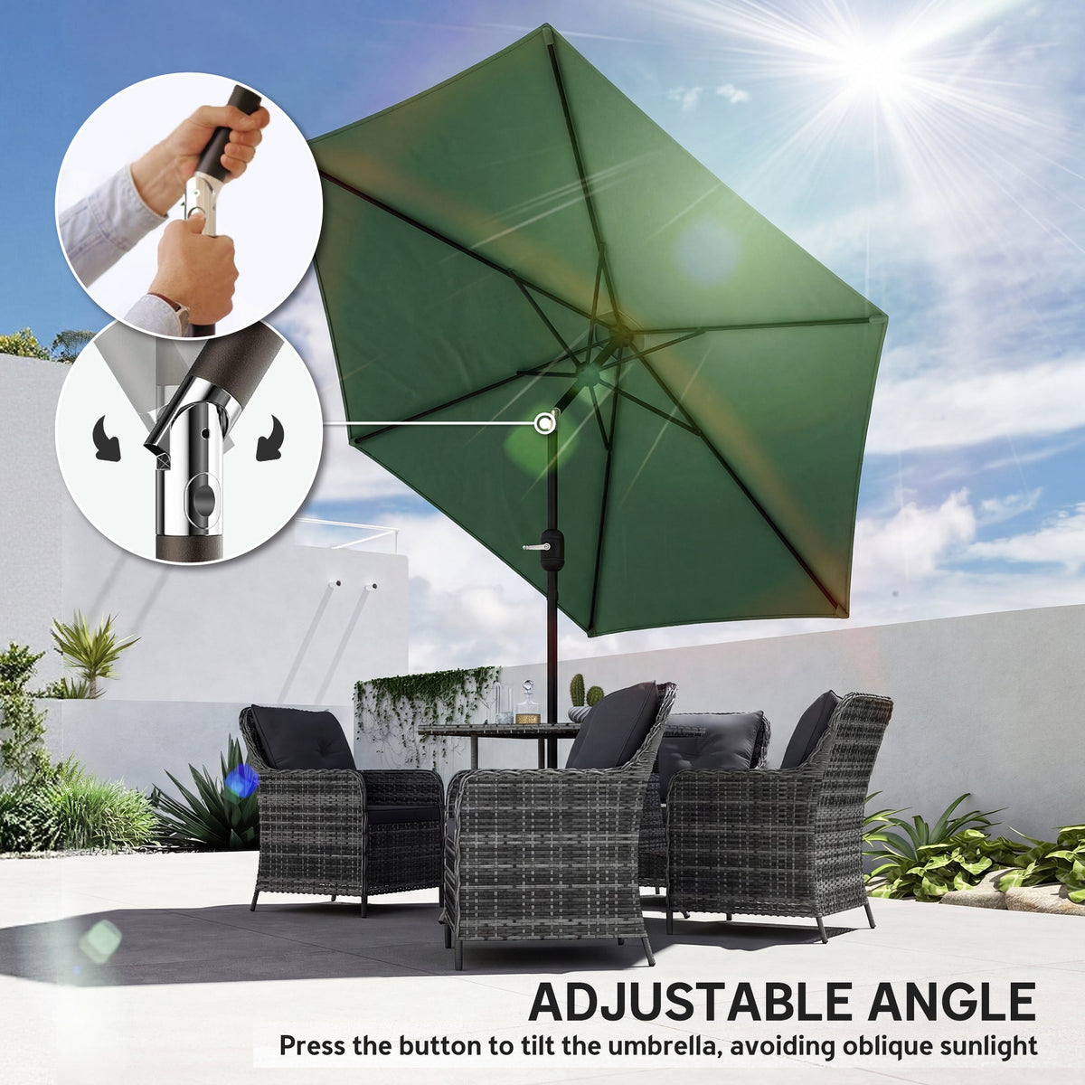 2.6 m Garden Parasol with Tilt, Crank, Vent & Aluminium Pole, Dark Green — product view 7