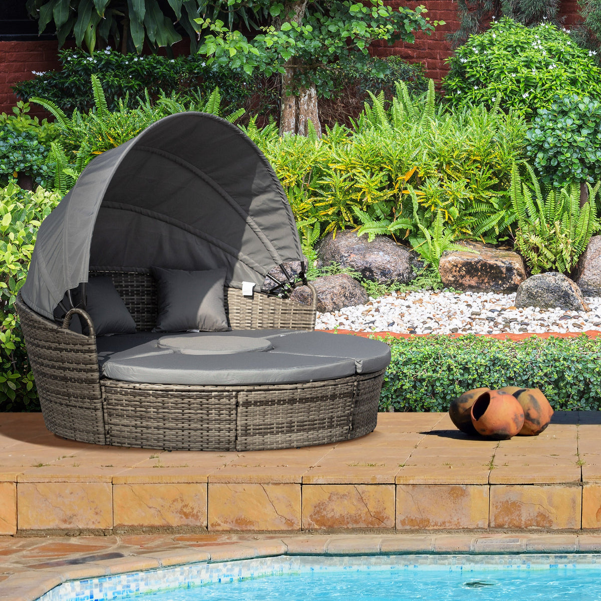 Round PE Rattan Daybed Set with Retractable Canopy, Table & Pillows, Dark Grey/Grey — product view 4