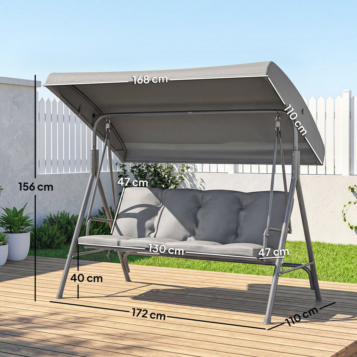 3 Seater Garden Swing Chair with Tilting Canopy and Cushion, Dark Grey — product view 5
