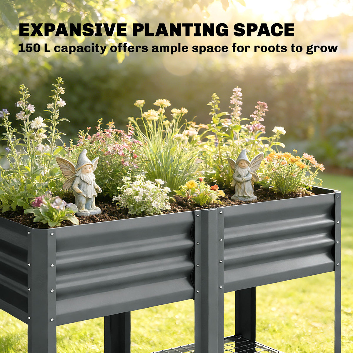 Galvanized Steel Raised Garden Bed with Legs and Storage Shelf, Dark Grey — product view 6