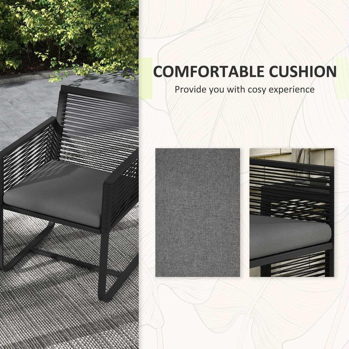 3 Piece Wicker Patio Furniture Set with Glass Top Table and Cushions, Black — product view 7