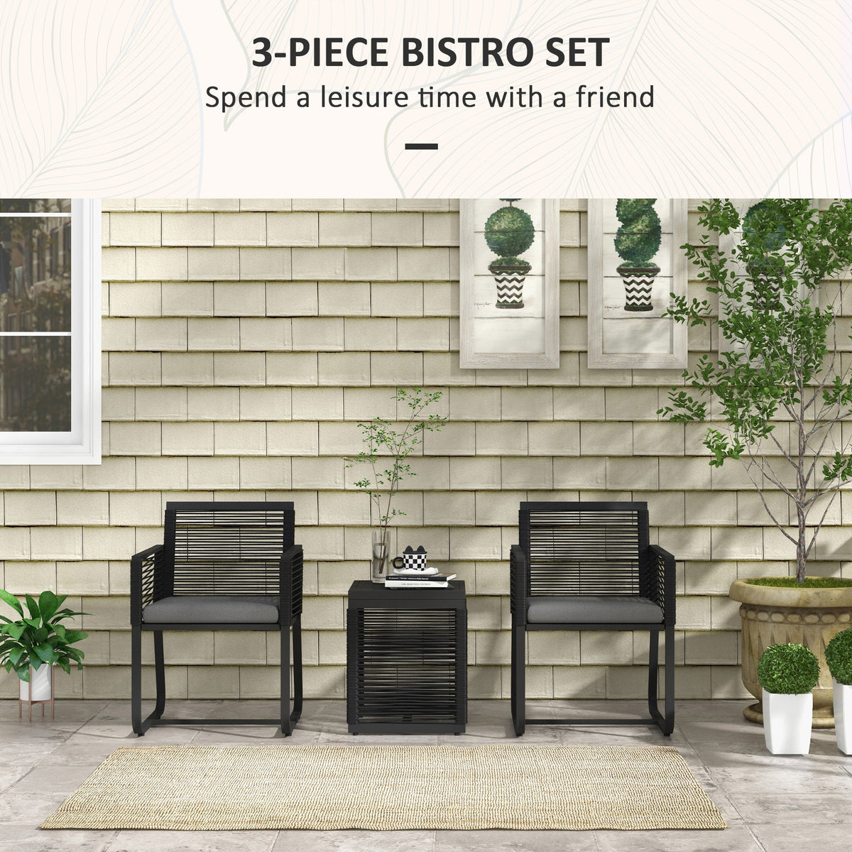 3 Piece Wicker Patio Furniture Set with Glass Top Table and Cushions, Black — product view 6