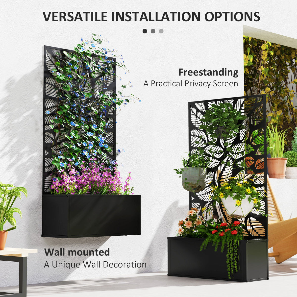 Metal Raised Garden Bed with Trellis Privacy Panel, Small Leaves Cut-Out — product view 7