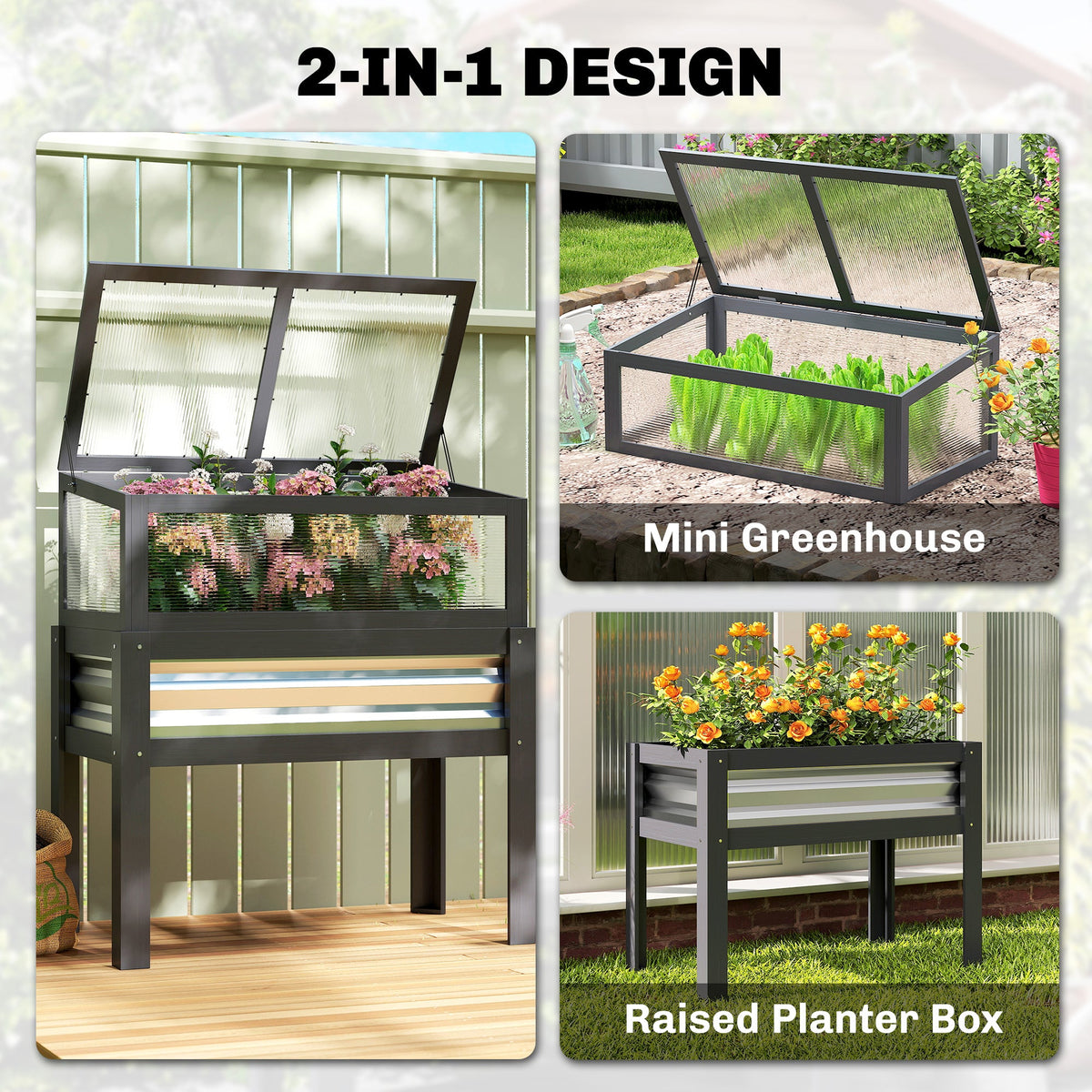 Raised Garden Bed with Flip-Up Greenhouse Top and Legs, Gray — product view 6