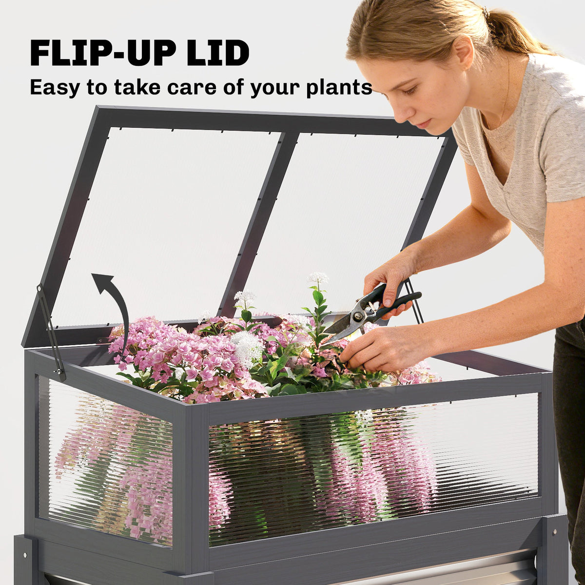Raised Garden Bed with Flip-Up Greenhouse Top and Legs, Gray — product view 7