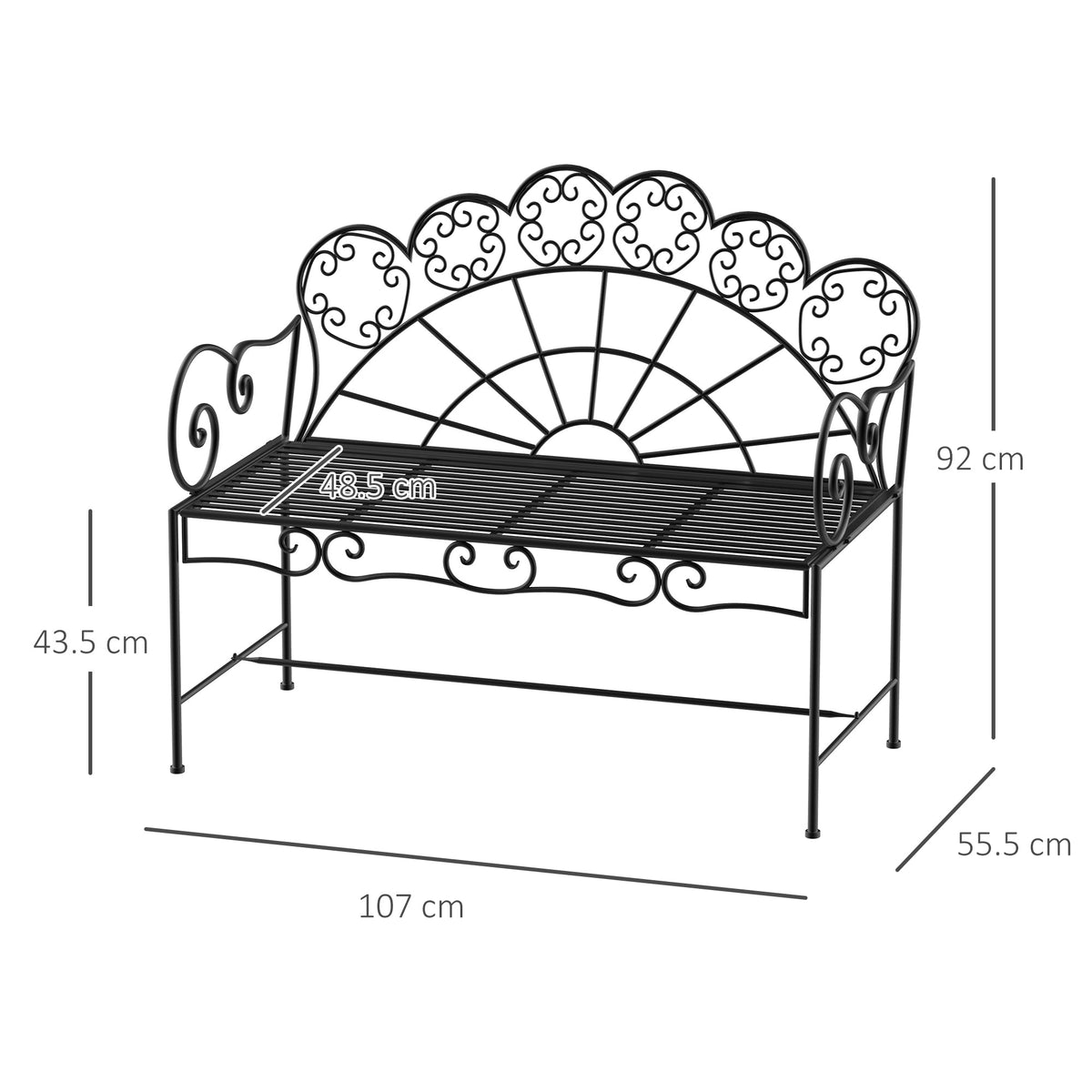 2 Seater Metal Garden Bench, 107 x 55.5 x 92 cm, Black — product view 5