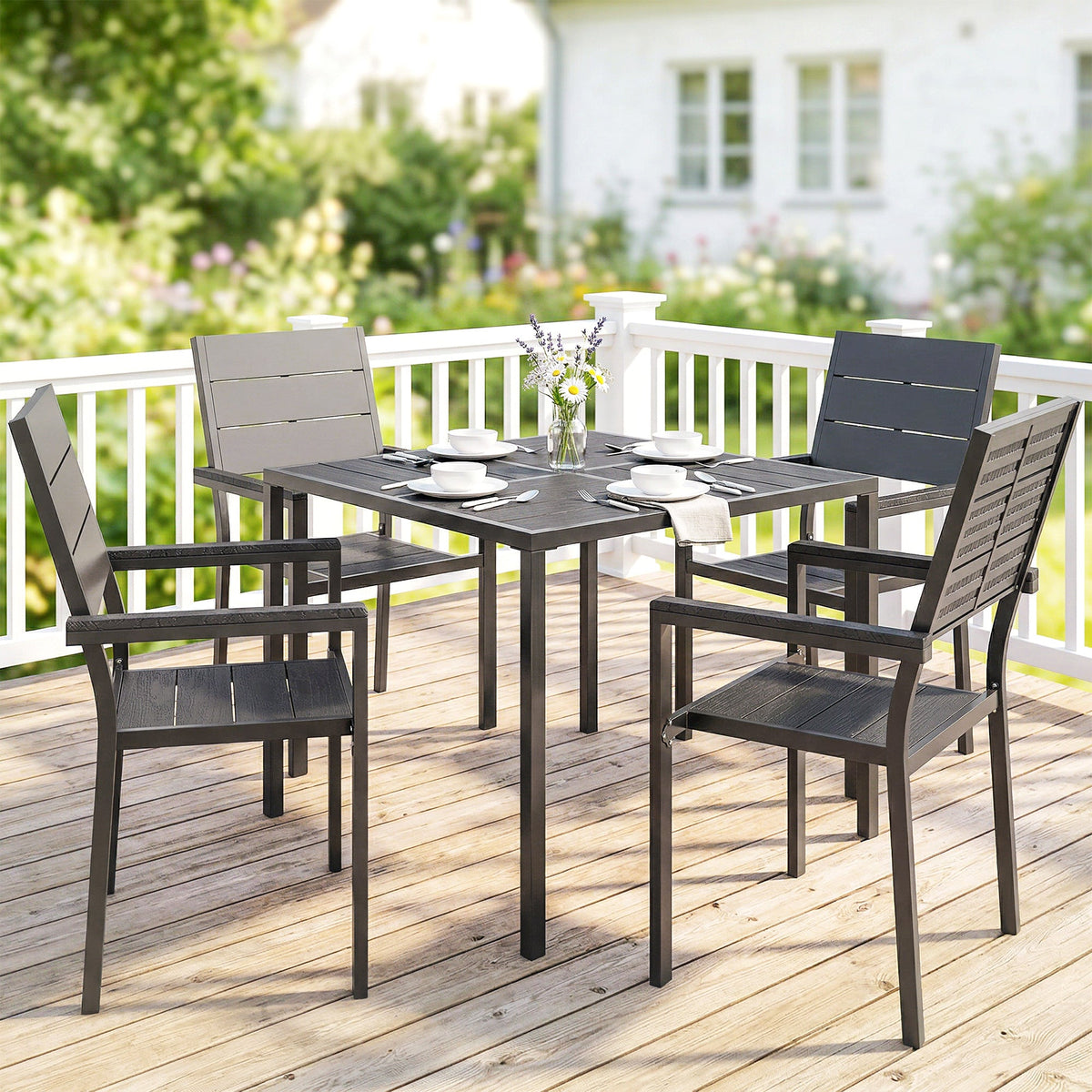 5-Piece Garden Dining Set, Square HDPE Table and Armrest Chairs for 4, Black — product view 4