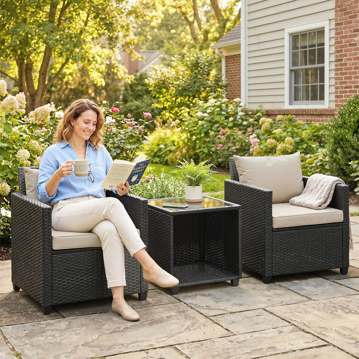 3 Piece Patio Bistro Set with Glass Table and Cushioned Chairs, Beige — product view 4