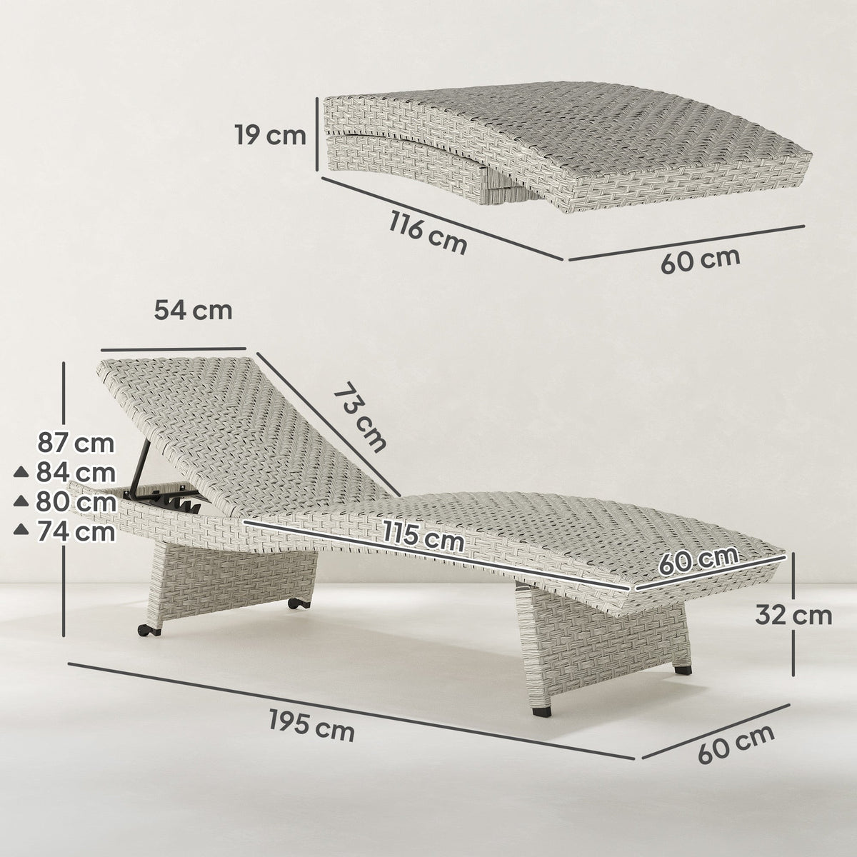 Folding PE Rattan Sun Lounger with Wheels & Adjustable Backrest, Grey — product view 5