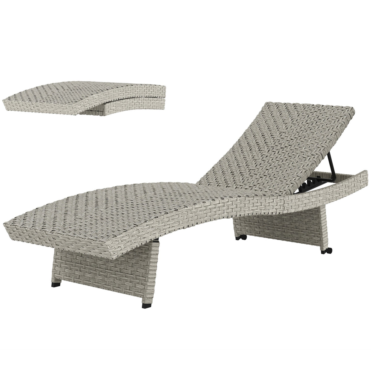 Folding PE Rattan Sun Lounger with Wheels & Adjustable Backrest, Grey — product view 2