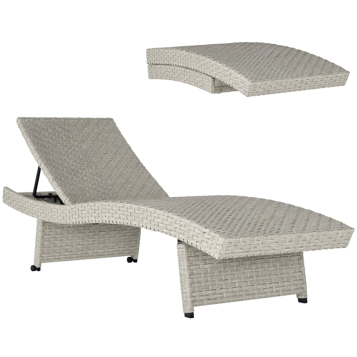 Folding PE Rattan Sun Lounger with Wheels & Adjustable Backrest, Grey — product view 1