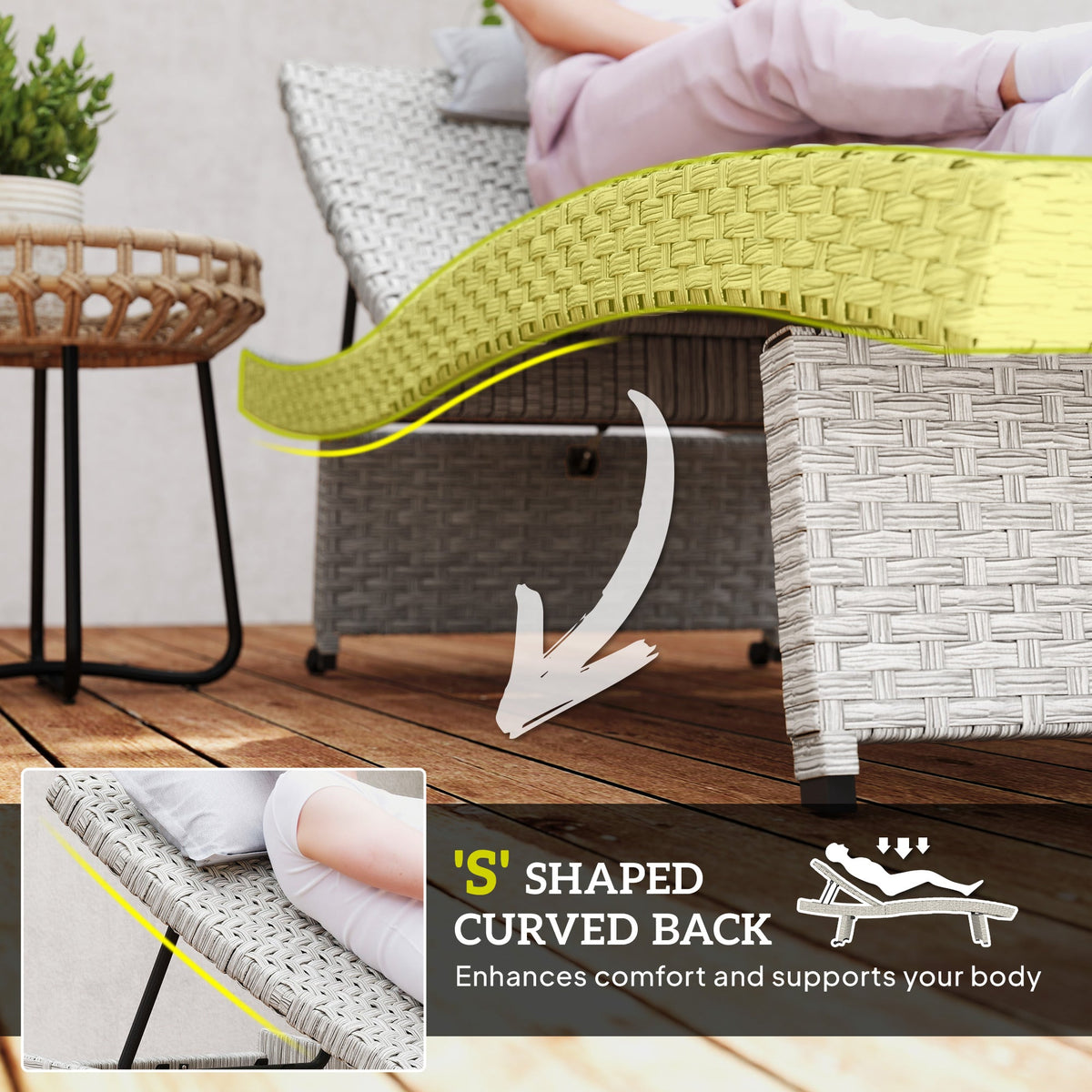 Folding PE Rattan Sun Lounger with Wheels & Adjustable Backrest, Grey — product view 6