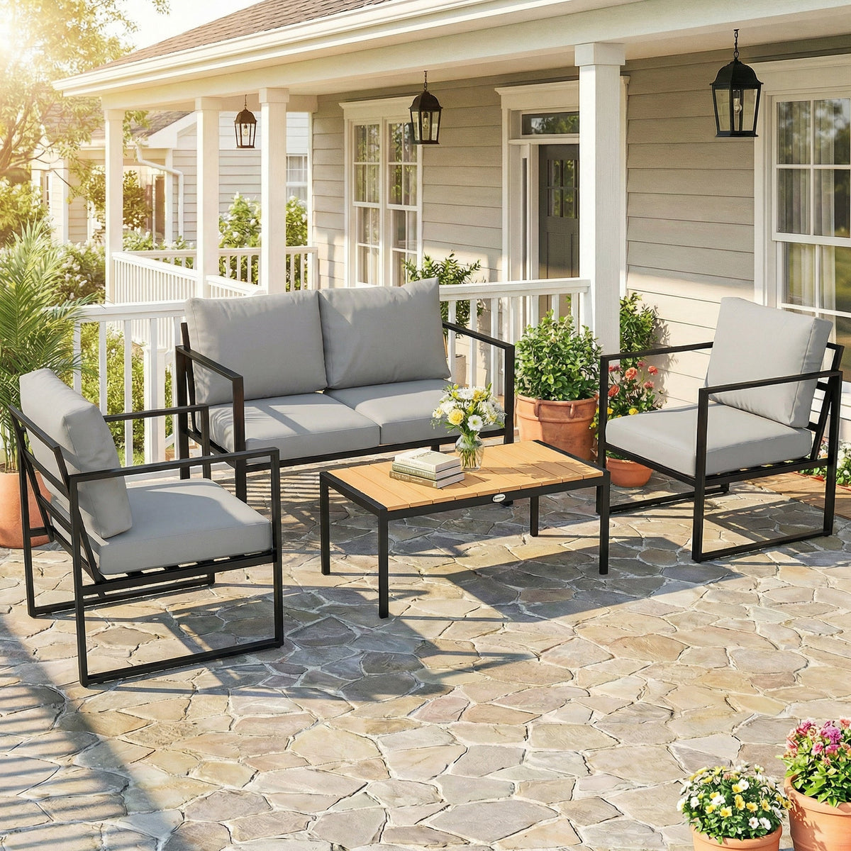 4 Piece Garden Furniture Set with Loveseat, Armchairs and Slatted Table, Grey — product view 3
