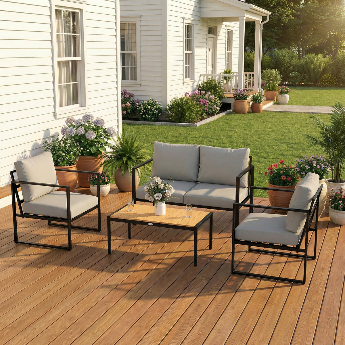 4 Piece Garden Furniture Set with Loveseat, Armchairs and Slatted Table, Grey — product view 4