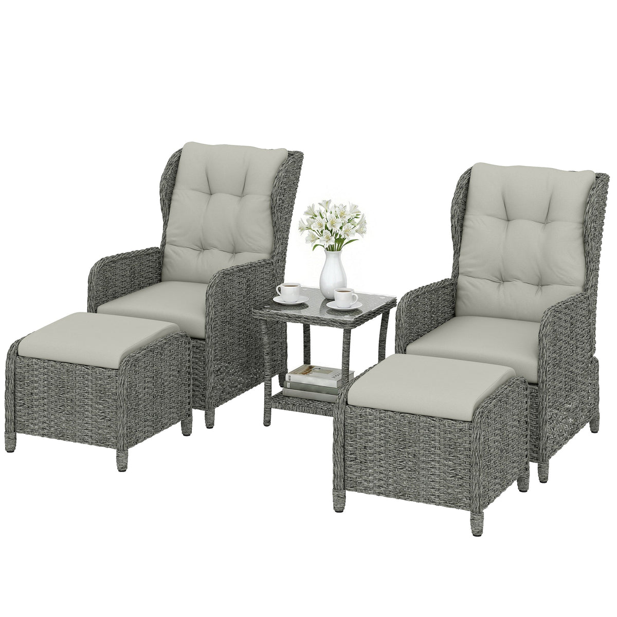 5 Piece Rattan Reclining Chair Set with Footstool and Glass Table, Cream White — product view 2