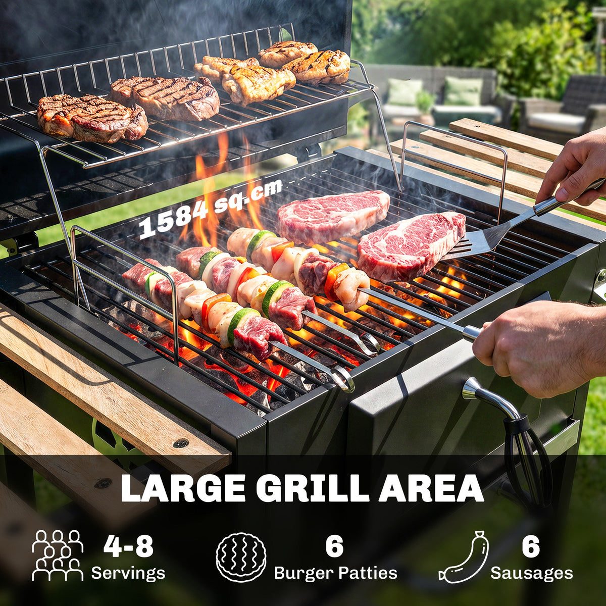 Charcoal BBQ Grill with Adjustable Charcoal Pan, 3 Shelves & Wheels — product view 6