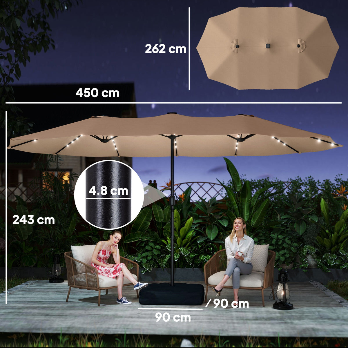 4.5 m Double-Sided Garden Parasol with LED Lights, Base & Sandbags, Khaki — product view 5