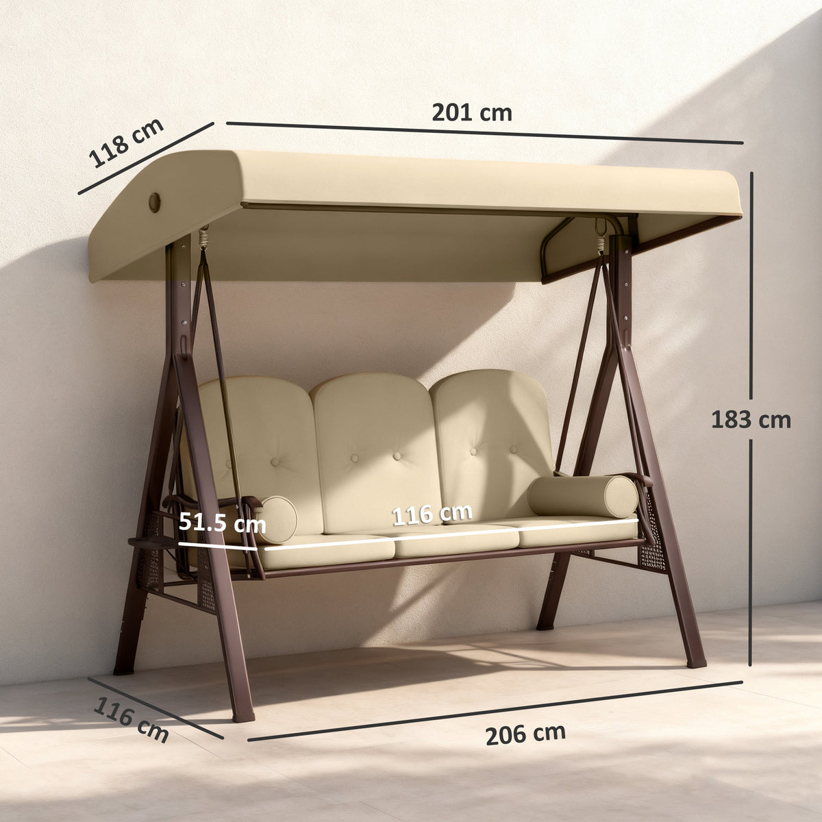 3 Seater Canopy Swing Chair with Cushions & Cup Trays, Brown — product view 5