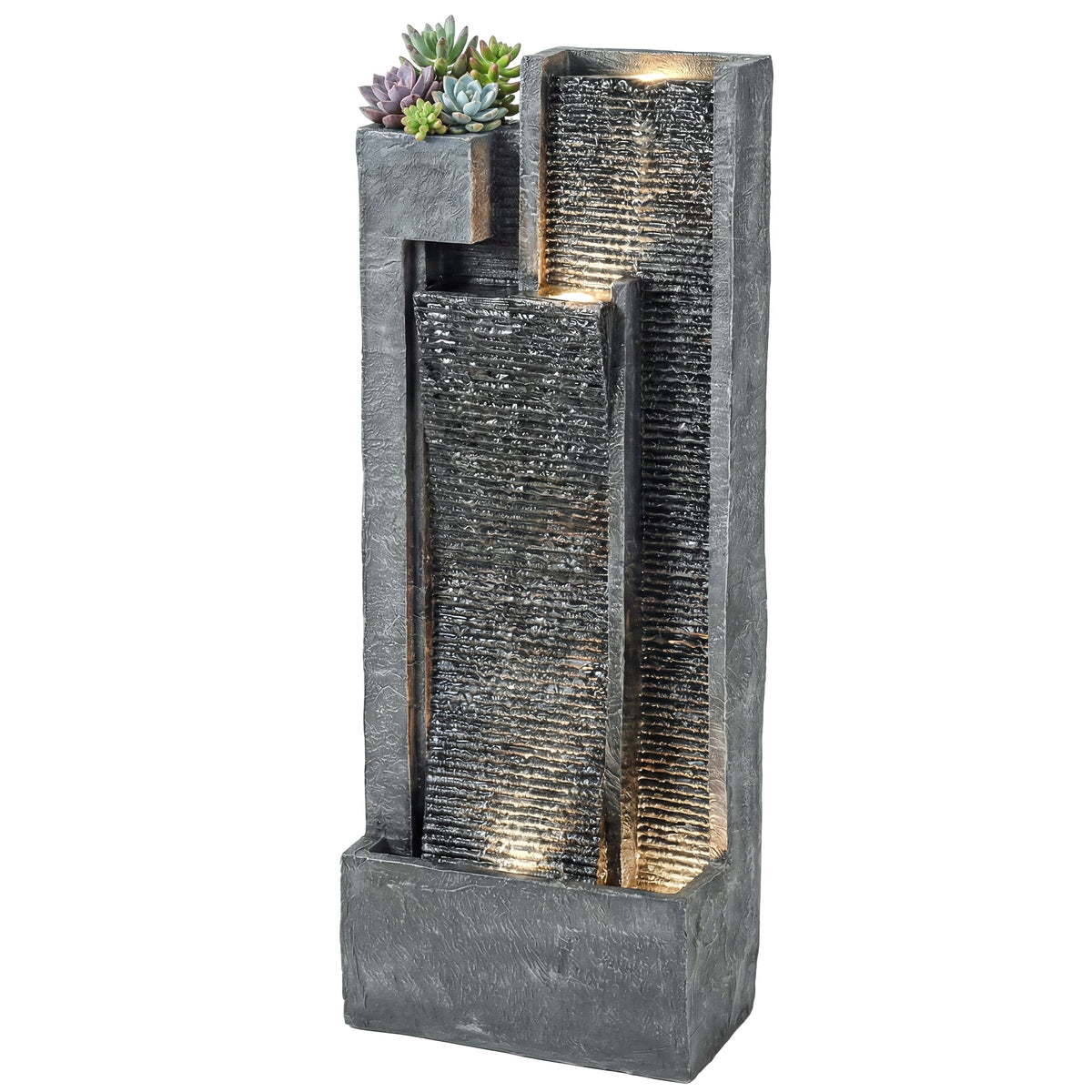 3-Tier Water Feature with LED Lights, Planter and Pump, Dark Grey — product view 2