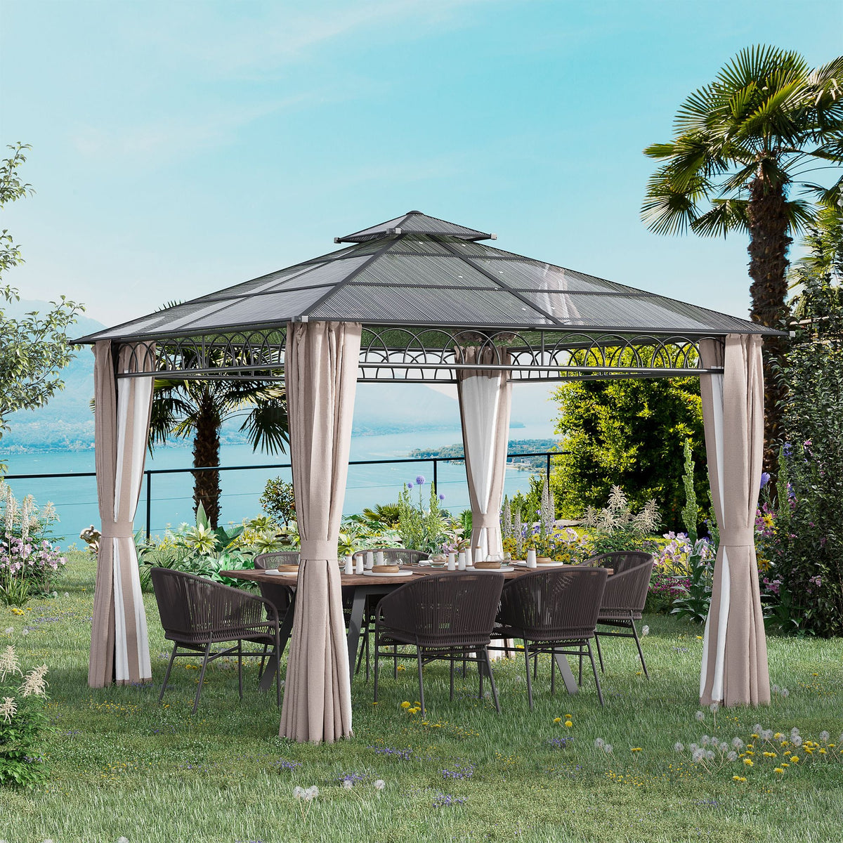 3 x 3m Polycarbonate Hardtop Gazebo with Curtains & Netting, Khaki — product view 4