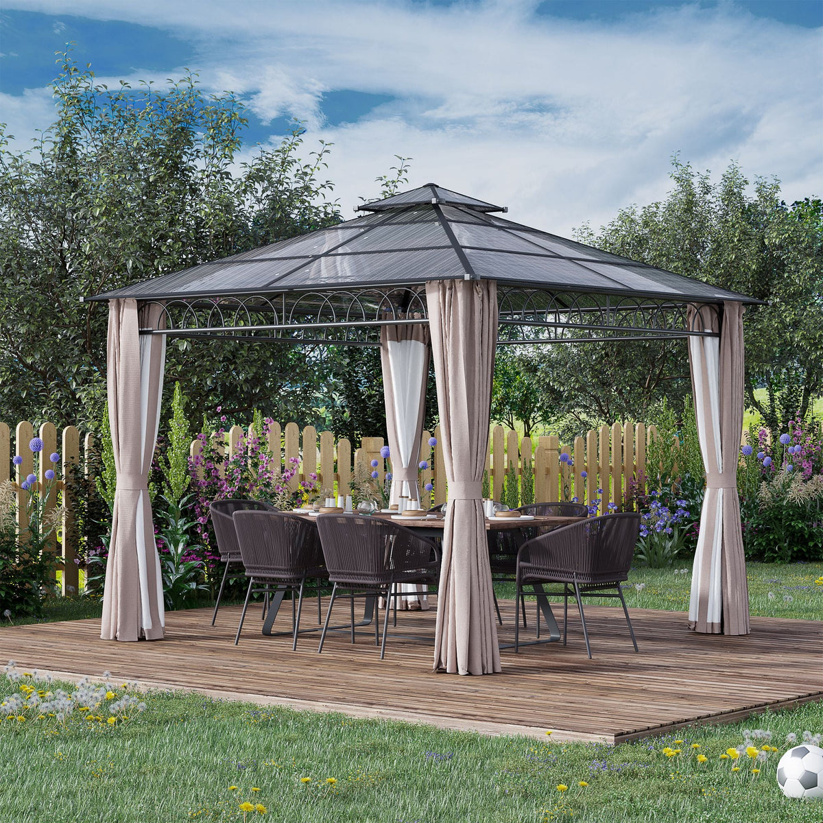 3 x 3m Polycarbonate Hardtop Gazebo with Curtains & Netting, Khaki — product view 3