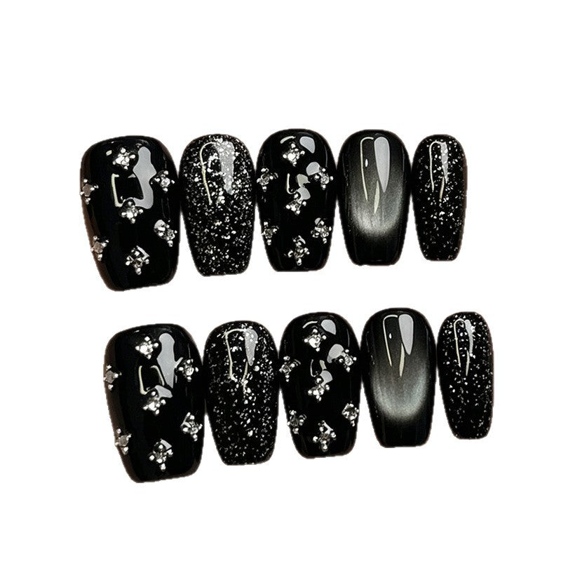Glamorous Black Press-On Nail Set with Rhinestone Accents — product view 3
