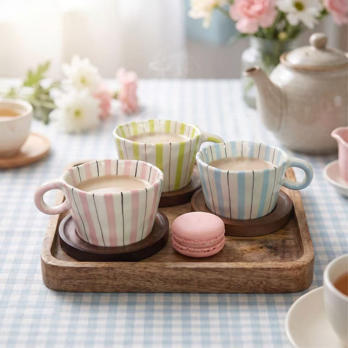 Ceramic coffee mug with ergonomic round handle and fine striped texture — product view 4