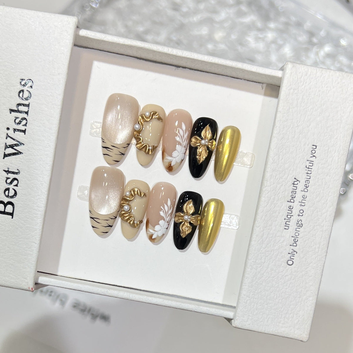 Artistic Press-On Nail Set with Gold Embellishments — product view 2