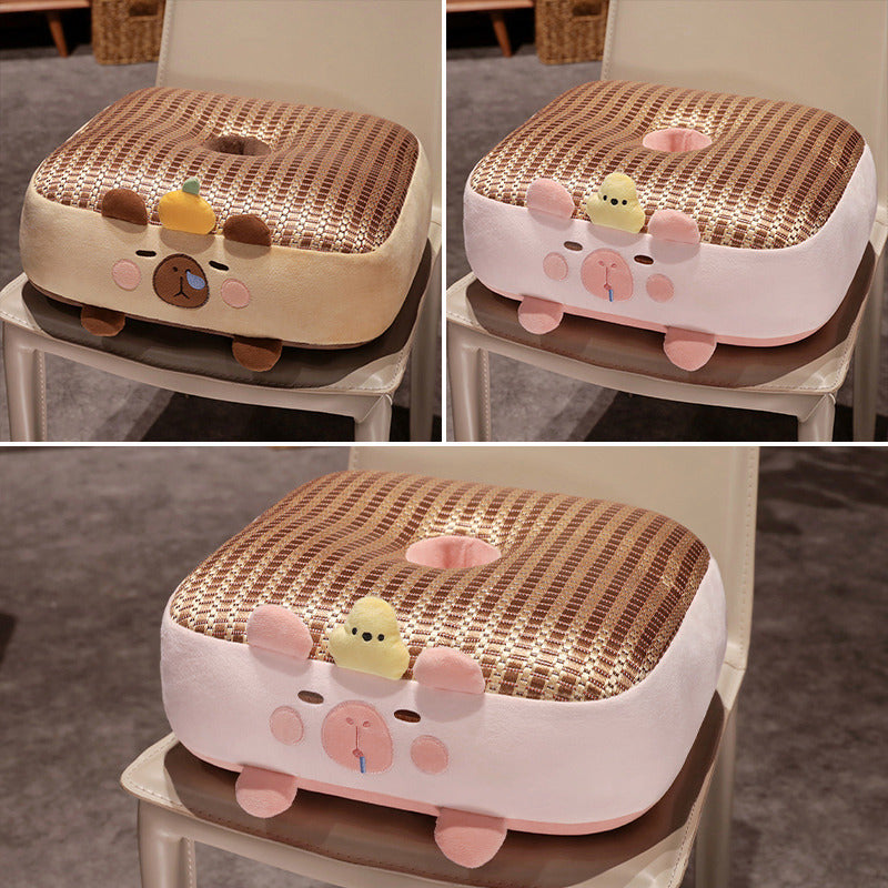 Ergonomic padded seat cushion with center hole, memory effect, and cute pig plush cover — product view 2