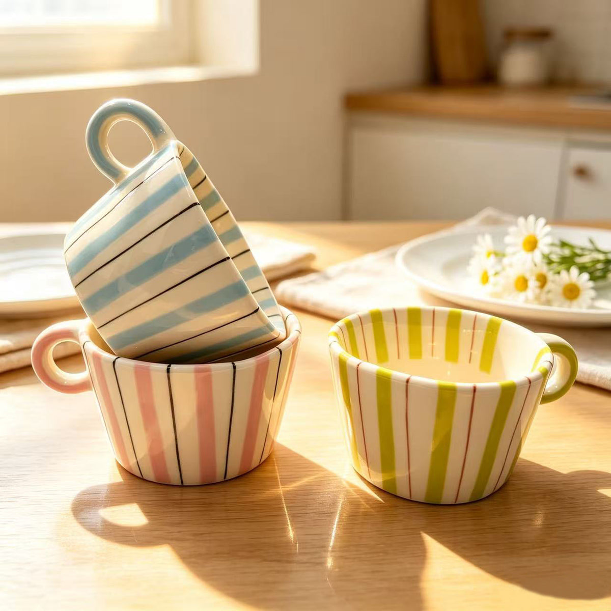 Ceramic coffee mug with ergonomic round handle and fine striped texture — product view 1