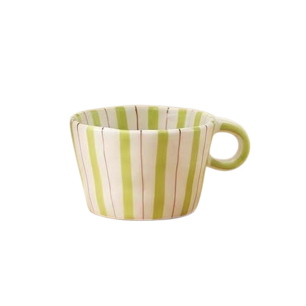 Ceramic coffee mug with ergonomic round handle and fine striped texture — product view 5