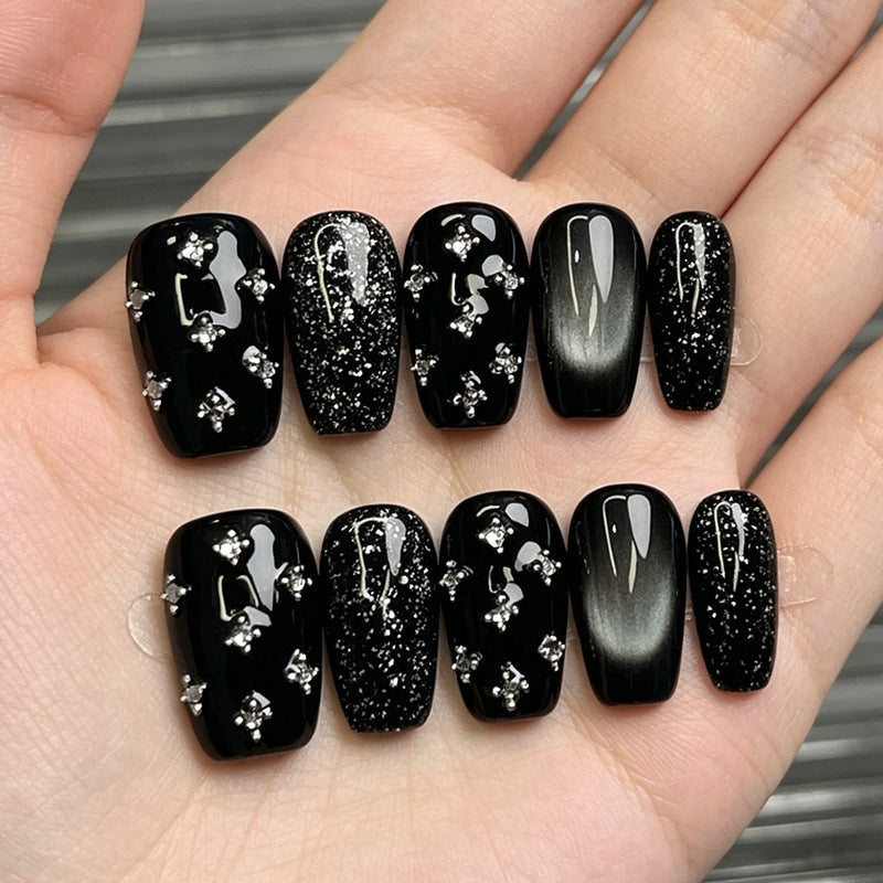 Glamorous Black Press-On Nail Set with Rhinestone Accents — product view 2