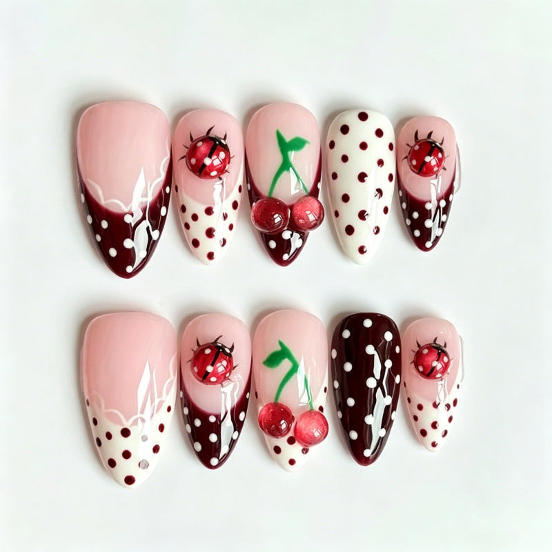 Decorative Ladybug Cherry Design Press-On Nails — product view 1