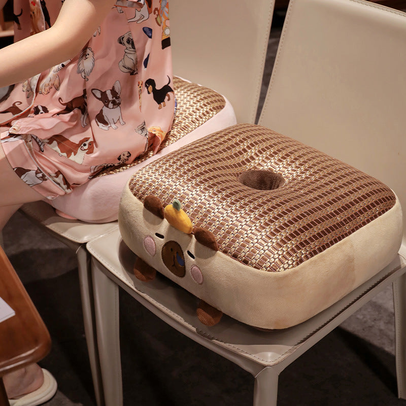 Ergonomic padded seat cushion with center hole, memory effect, and cute pig plush cover — product view 1