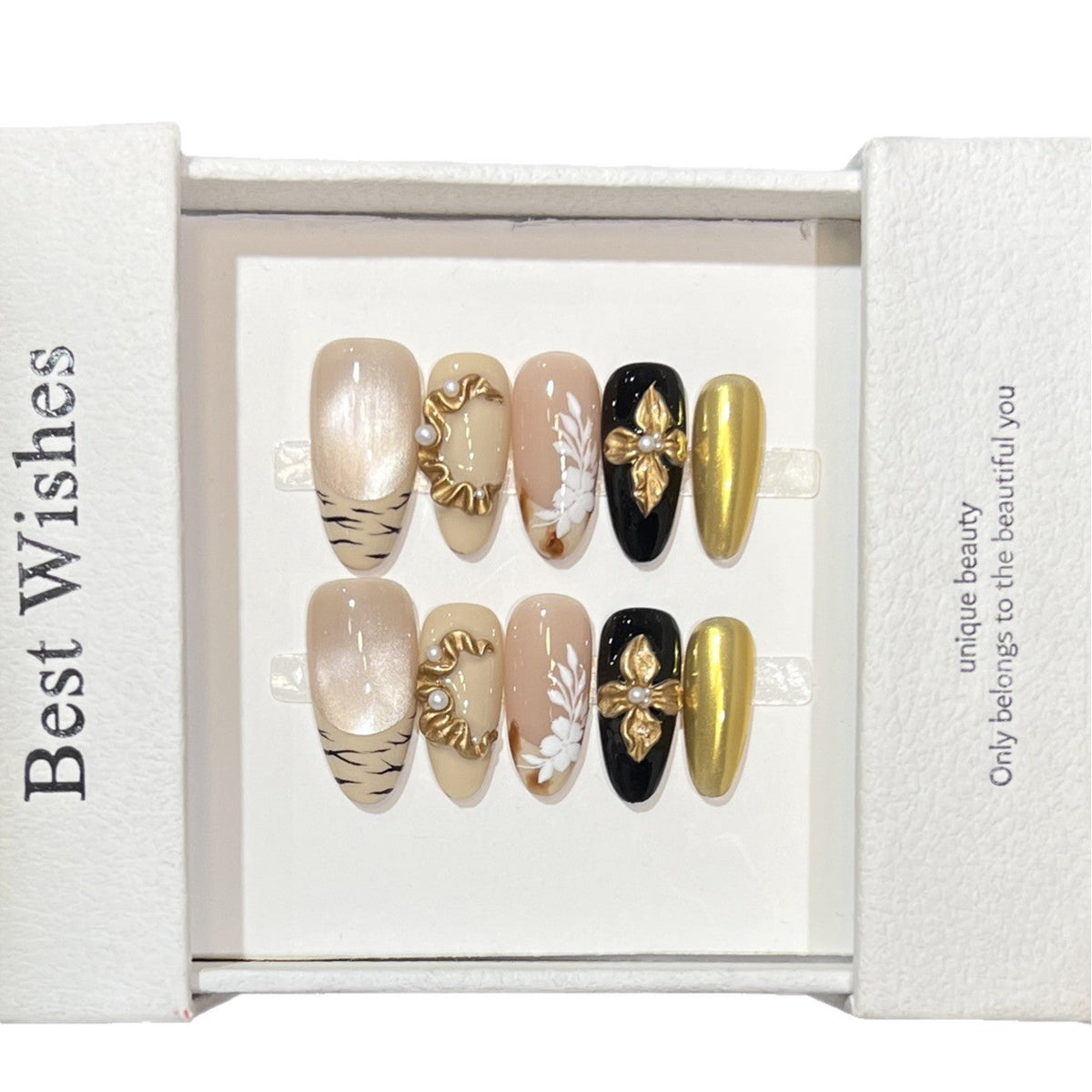 Artistic Press-On Nail Set with Gold Embellishments — product view 4