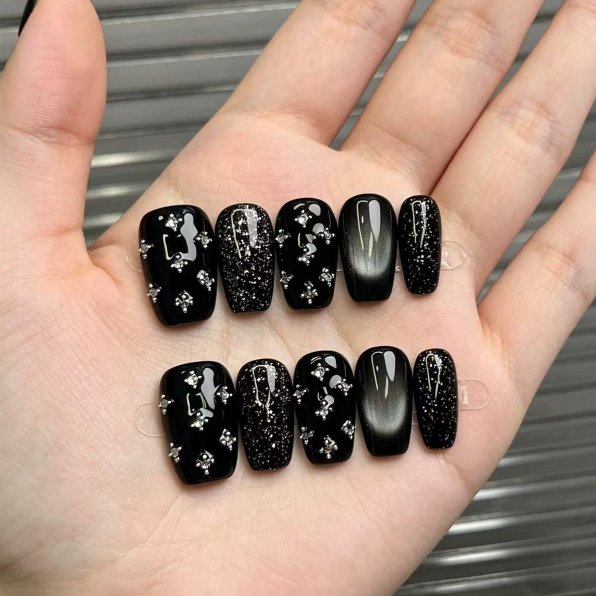 Glamorous Black Press-On Nail Set with Rhinestone Accents — product view 1