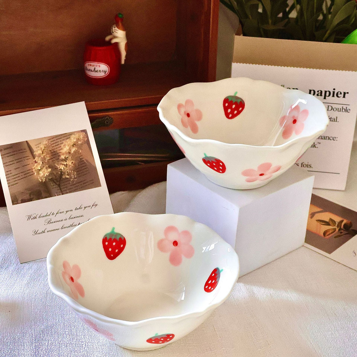 Decorative hand-painted ceramic bowl with wavy edge and tulip design — product view 6