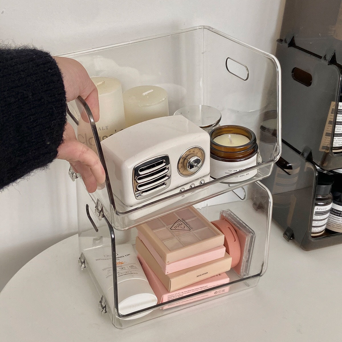 Acrylic kitchen organizer, stackable transparent storage shelf with handles — product view 3