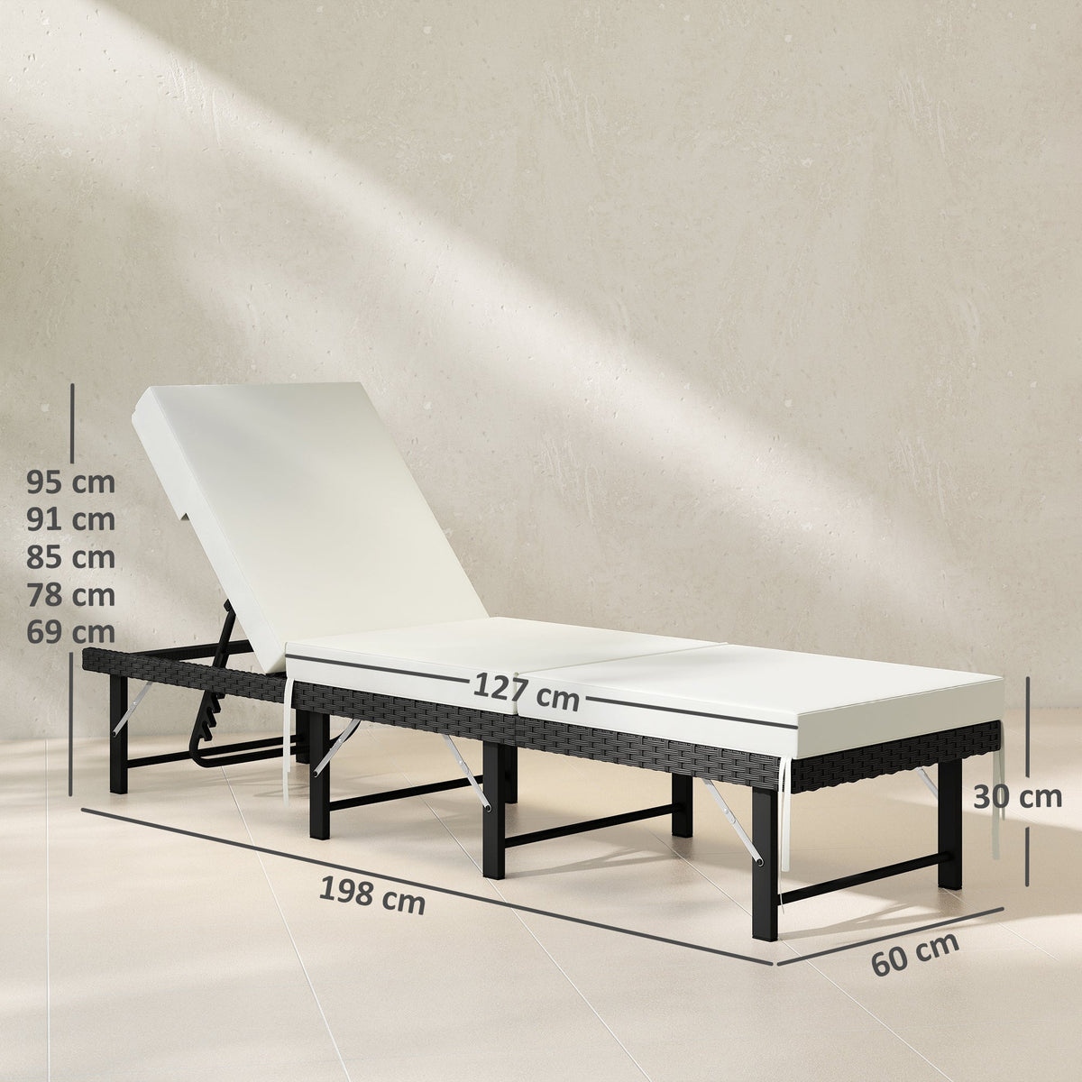 Folding Rattan Sun Lounger with Cushion and 6-Level Backrest, Black — product view 5