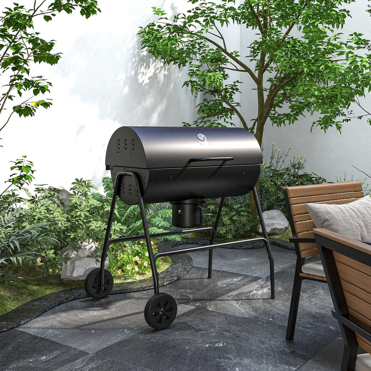 Portable Barrel Charcoal BBQ Trolley Smoker with Wheels, Black — product view 4
