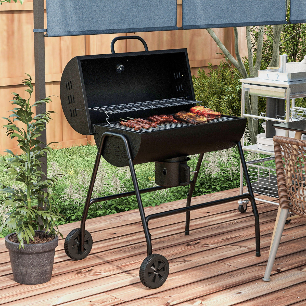 Portable Barrel Charcoal BBQ Trolley Smoker with Wheels, Black — product view 3