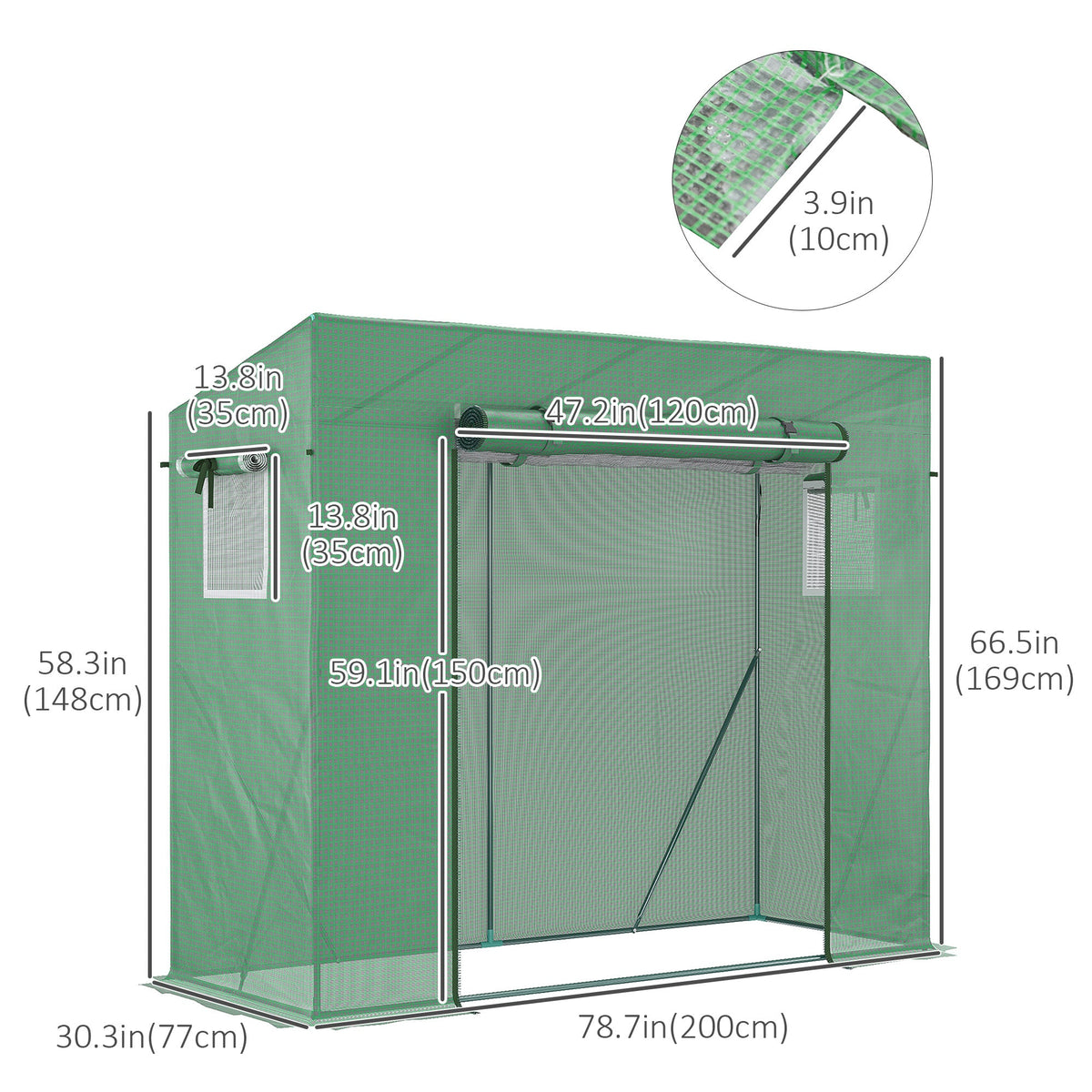 6.6' x 2.5' x 5.5' Walk-in Greenhouse with Door and Window, Green — product view 5