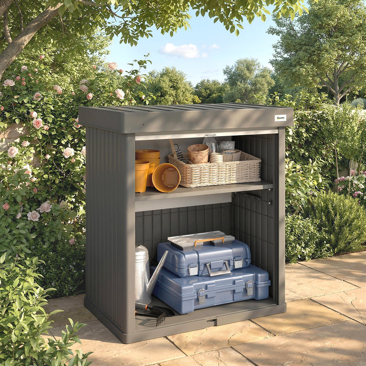 82 Gallon Outdoor Storage Box with Roll-Up Door and Removable Shelf, Grey — product view 3