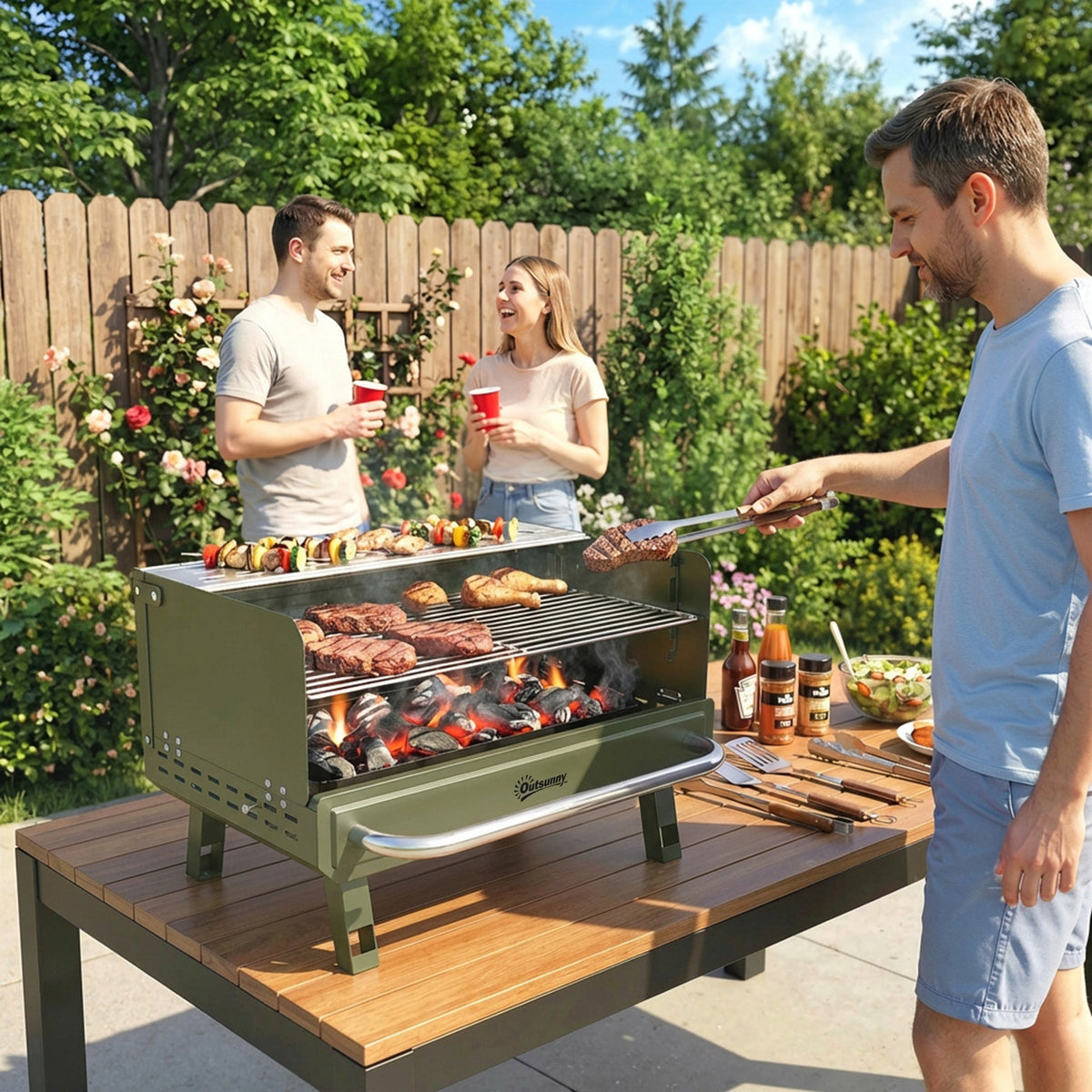Portable Charcoal BBQ Grill with Adjustable Grates and Side Shelf, Green — product view 3