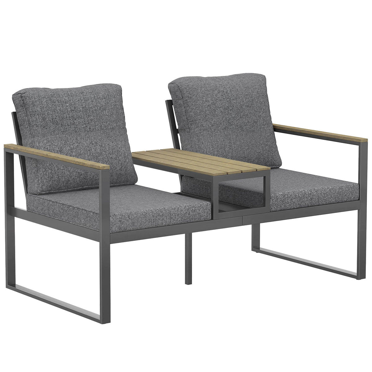 2-Seat Outdoor Garden Bench with Center Table and Thick Cushions, Light Grey — product view 1