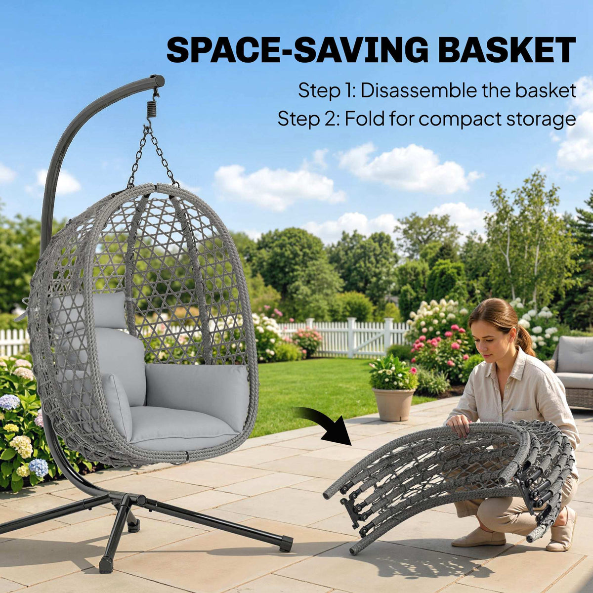 Hanging Egg Chair, Rattan with Stand, Safety Strap & Foldable Basket, Dark Grey — product view 7